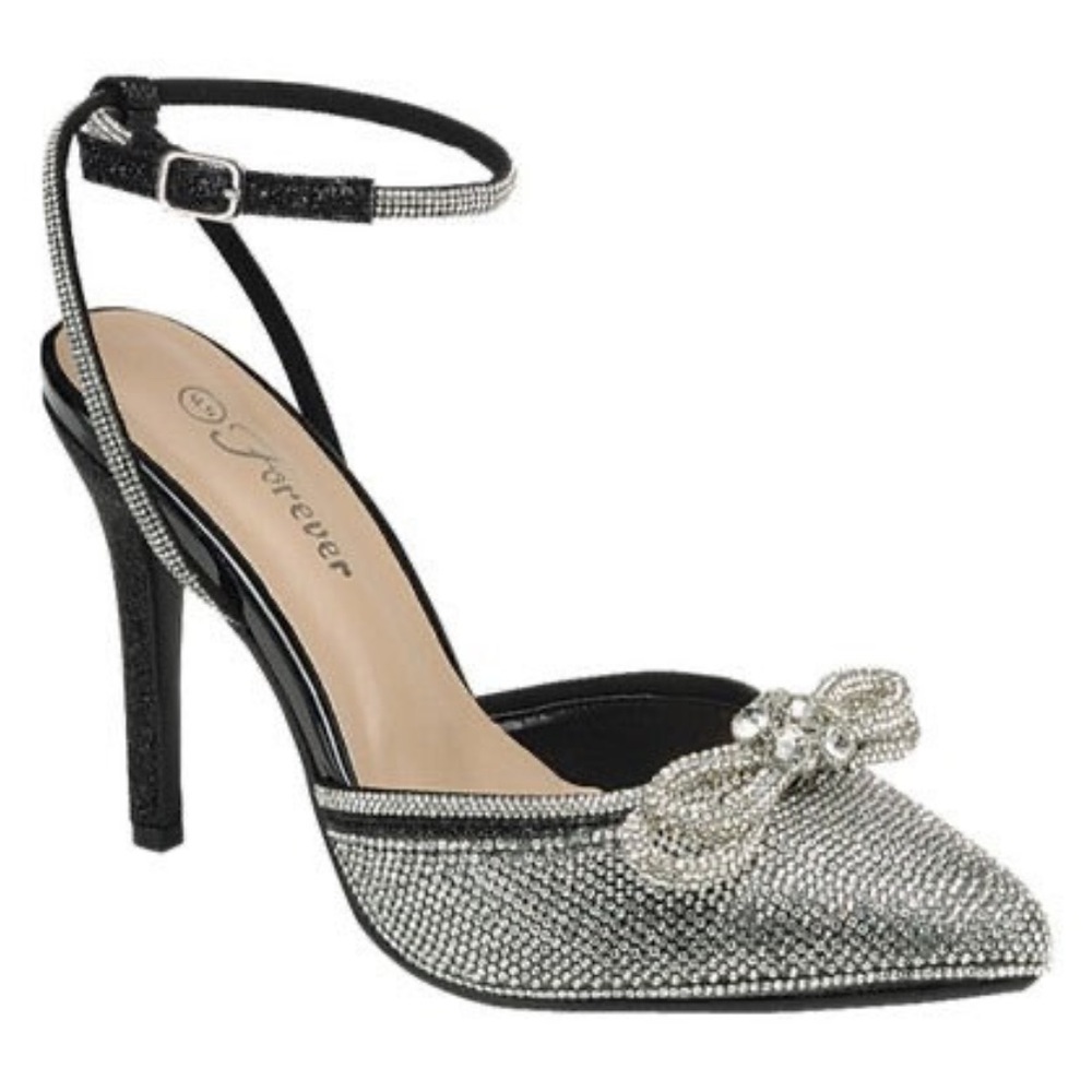 Sparkly Double Rhinestone Bow Pointed Toe High Heels - Forever
